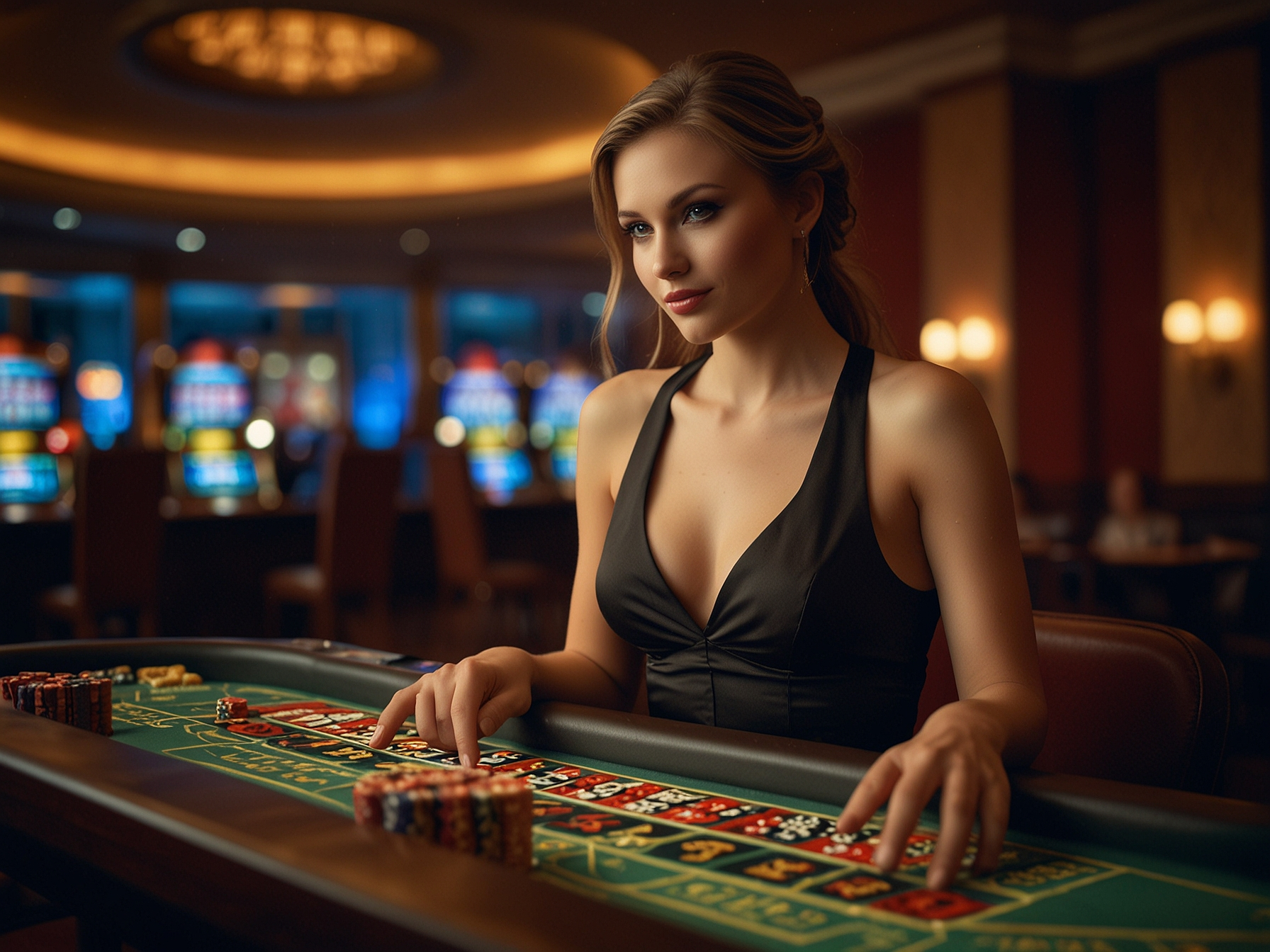 Elegant casino interior with roulette and gaming tables